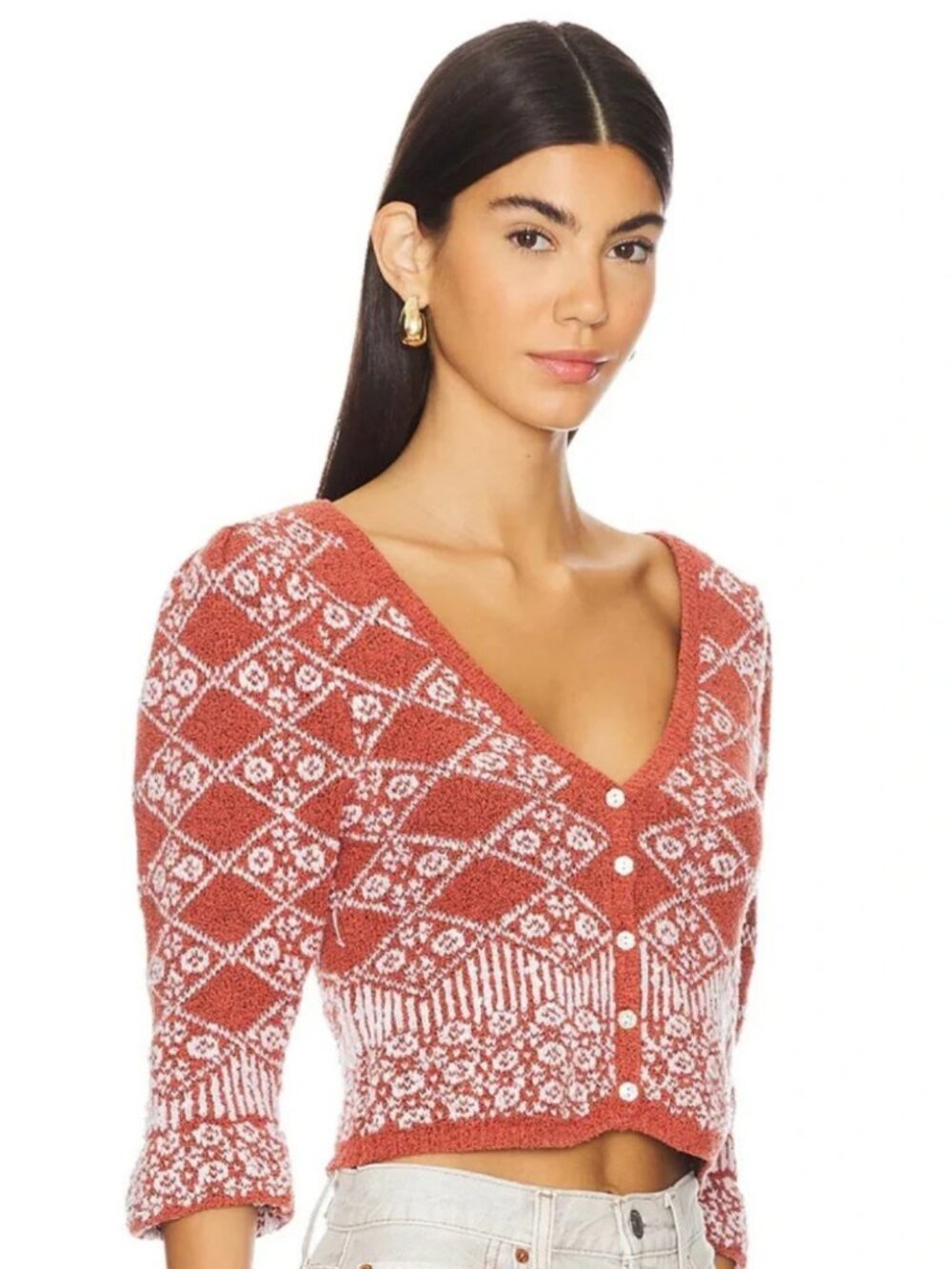 Free People Geo Floral Cropped Cardigan Sz S Rust Puff Sleeve Boho Cottagecore